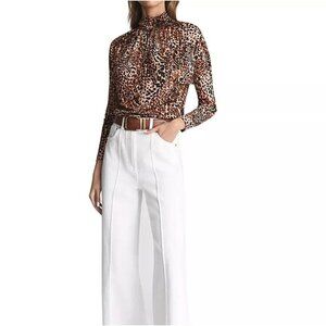 REISS Serena Leopard Print Keyhole Long Sleeve Top Size S